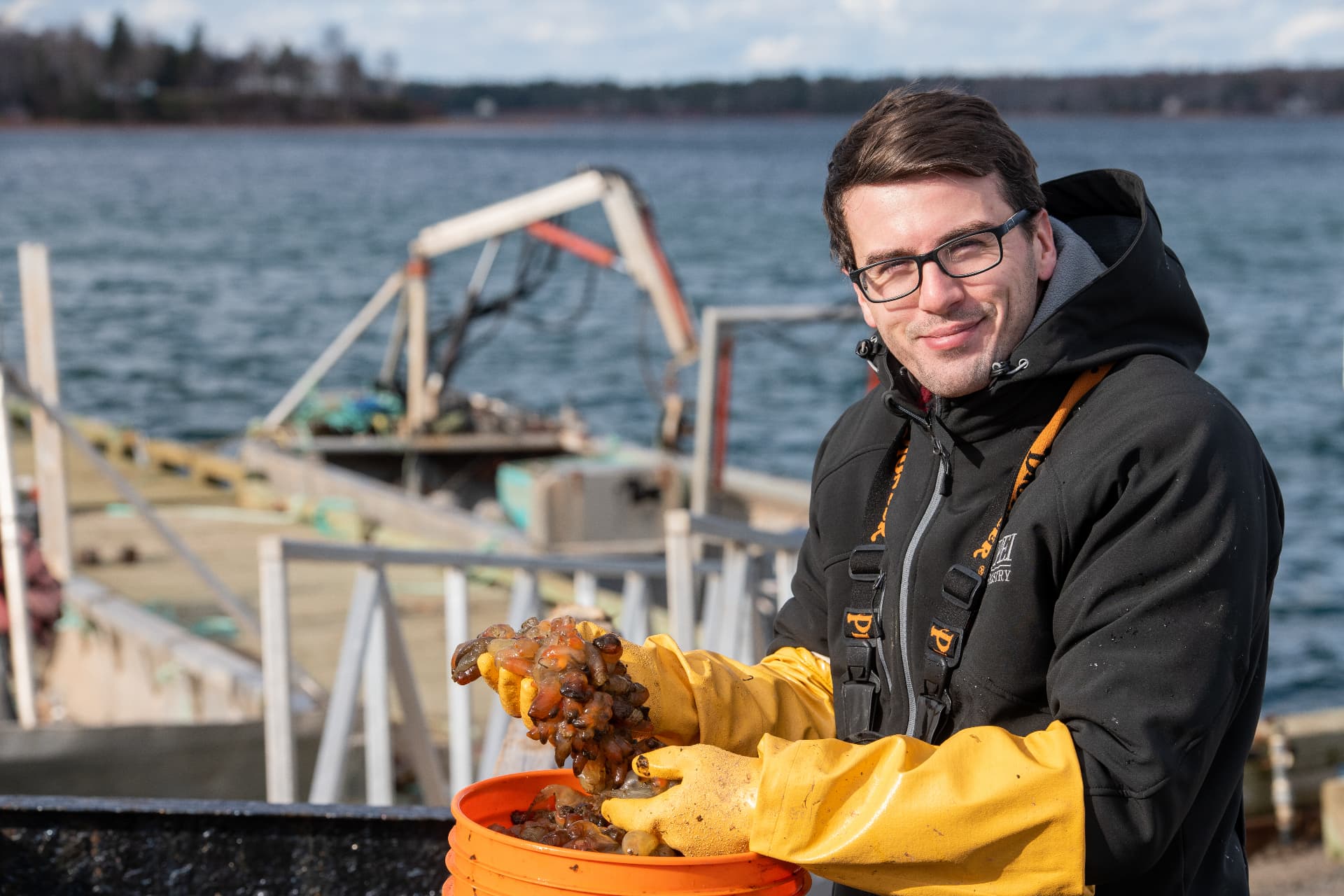 Matt Dunlop with a tunicate harvest collected from mussel lines.